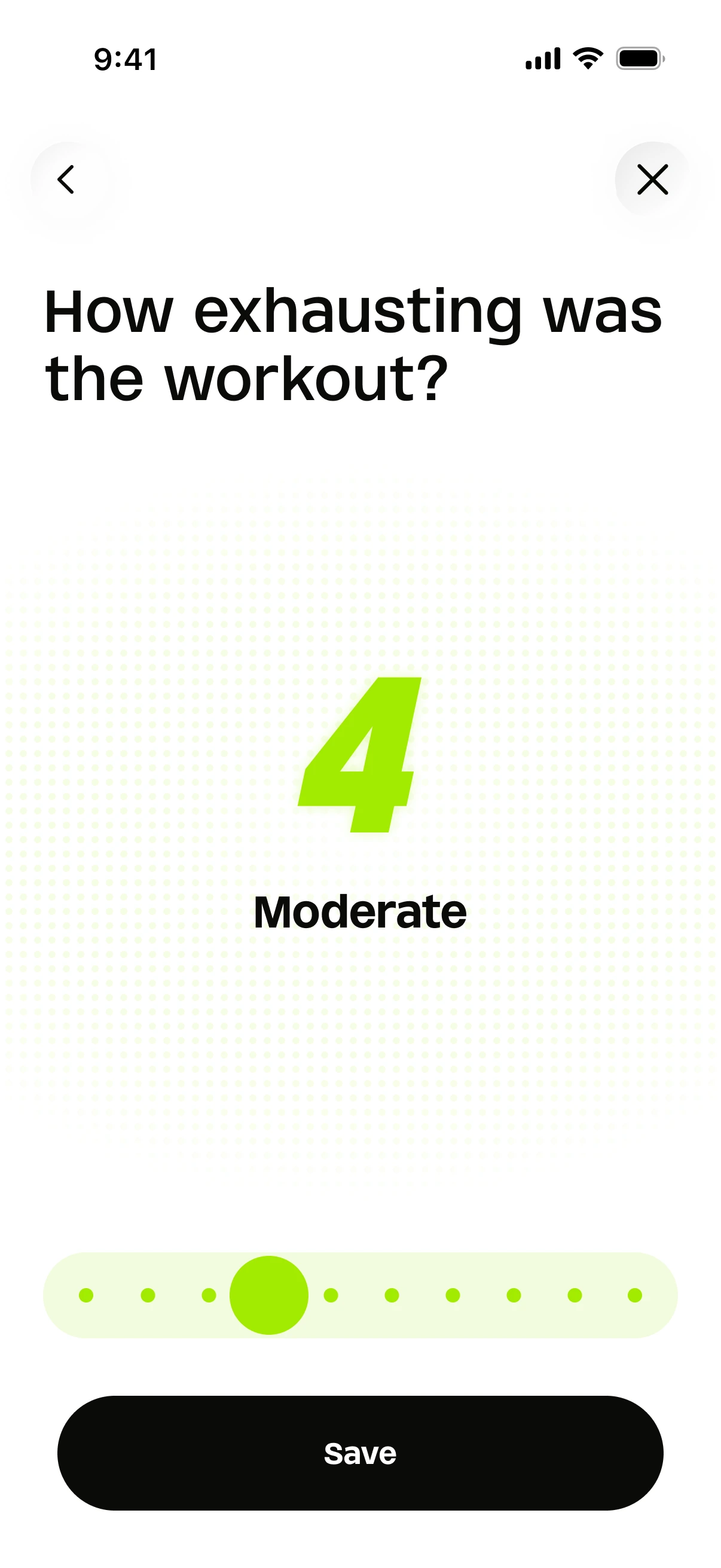 After the run, Run asks: how exhausting was the workout? Rated 4, moderate