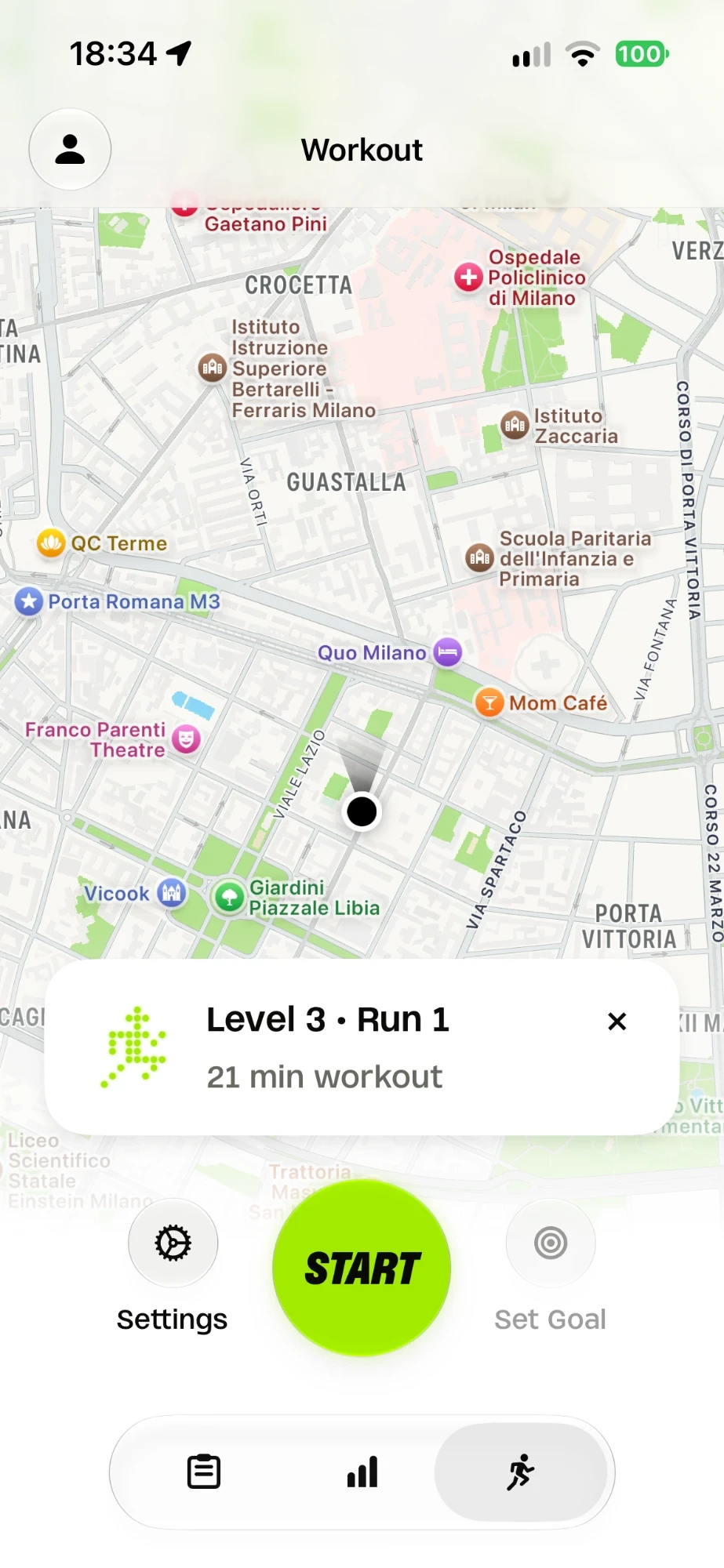 The Workout screen: the map, today’s plan run and the Start button