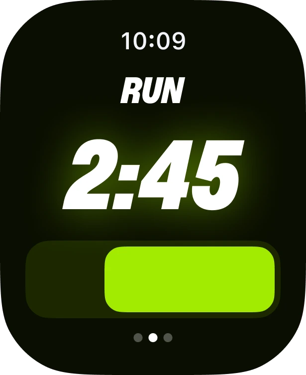 Run on Apple Watch during a plan run: run interval, 2:45 left
